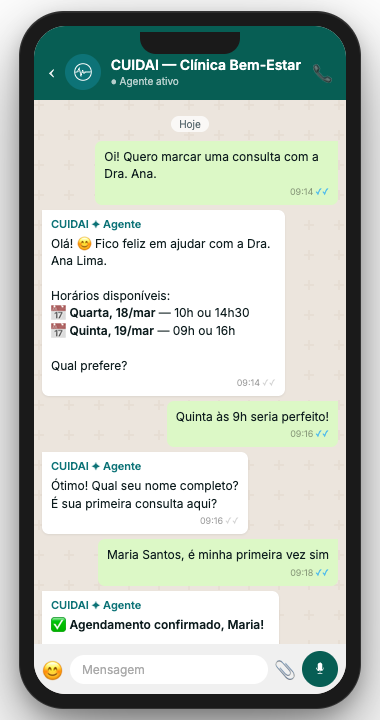 Interface do agente CUIDAI respondendo pacientes automaticamente no WhatsApp